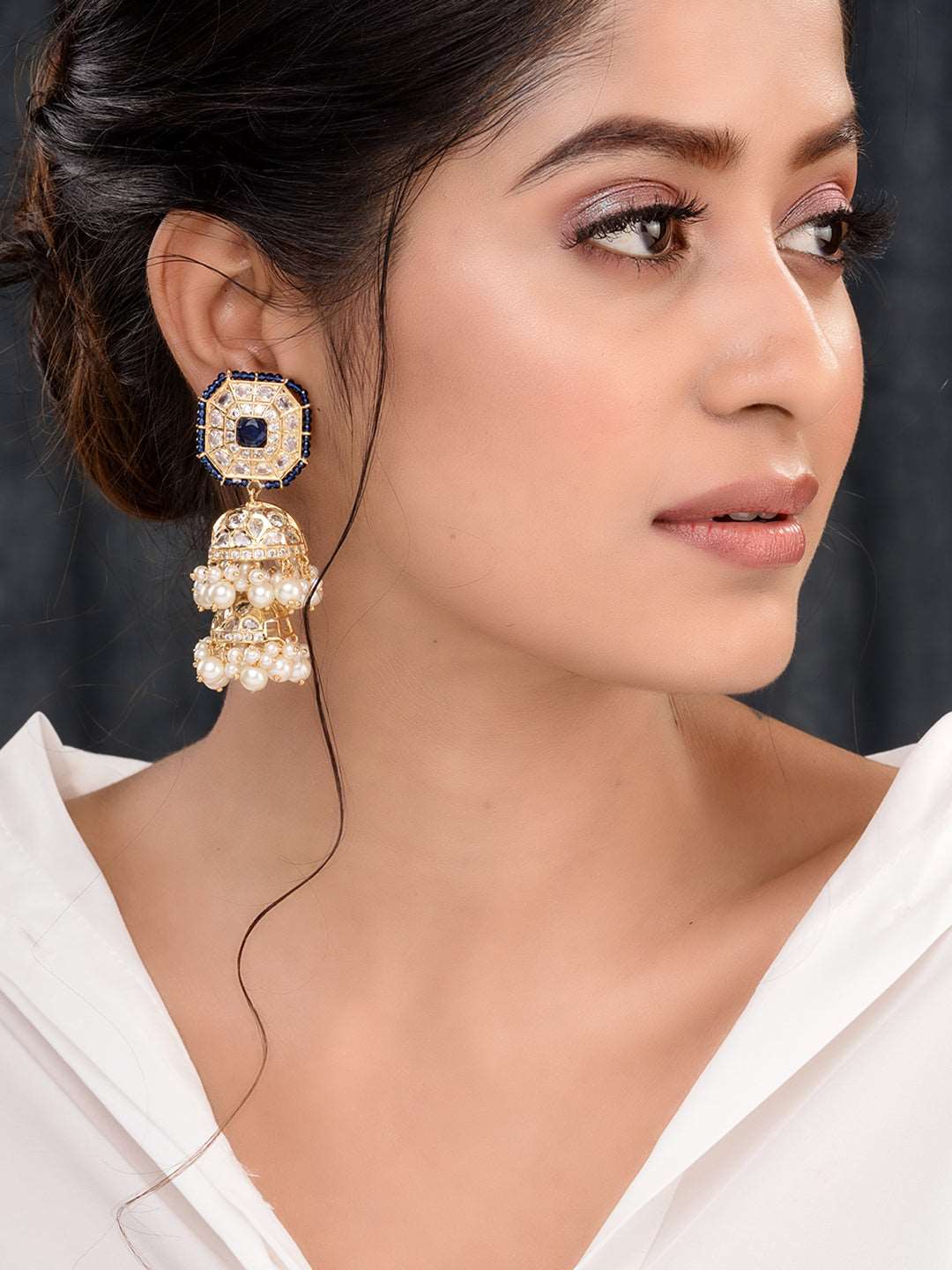 Gold Plated Polki Studded Blue Beads Chandelier Jhumka Earrings, zaveri pearls, sale price rs, sale price, sale gold plated, sale gold, sale, rubans, ring, regular price, priyassi jewellery, 