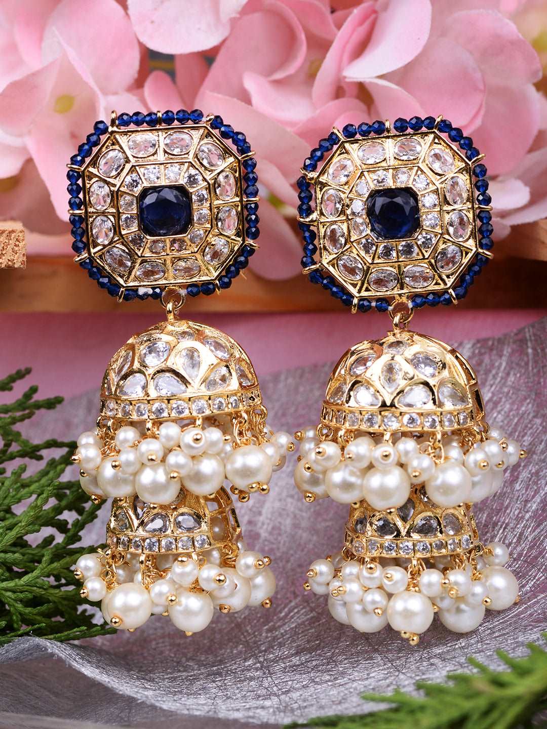 Gold Plated Polki Studded Blue Beads Chandelier Jhumka Earrings, zaveri pearls, sale price rs, sale price, sale gold plated, sale gold, sale, rubans, ring, regular price, priyassi jewellery, 