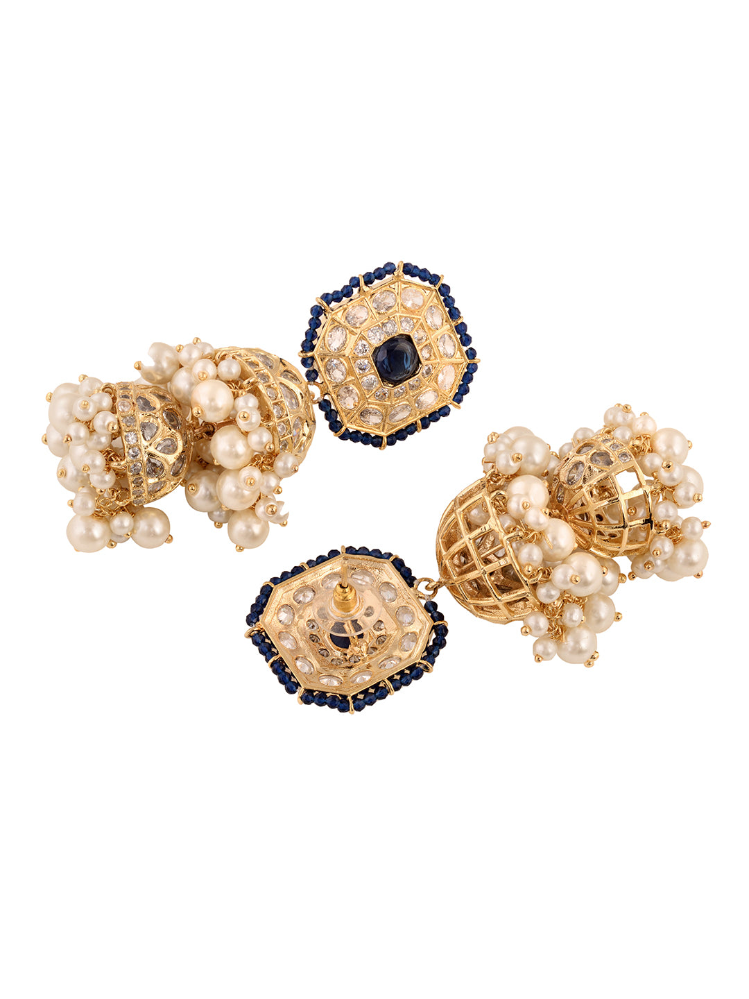 Gold Plated Polki Studded Blue Beads Chandelier Jhumka Earrings, zaveri pearls, sale price rs, sale price, sale gold plated, sale gold, sale, rubans, ring, regular price, priyassi jewellery, 