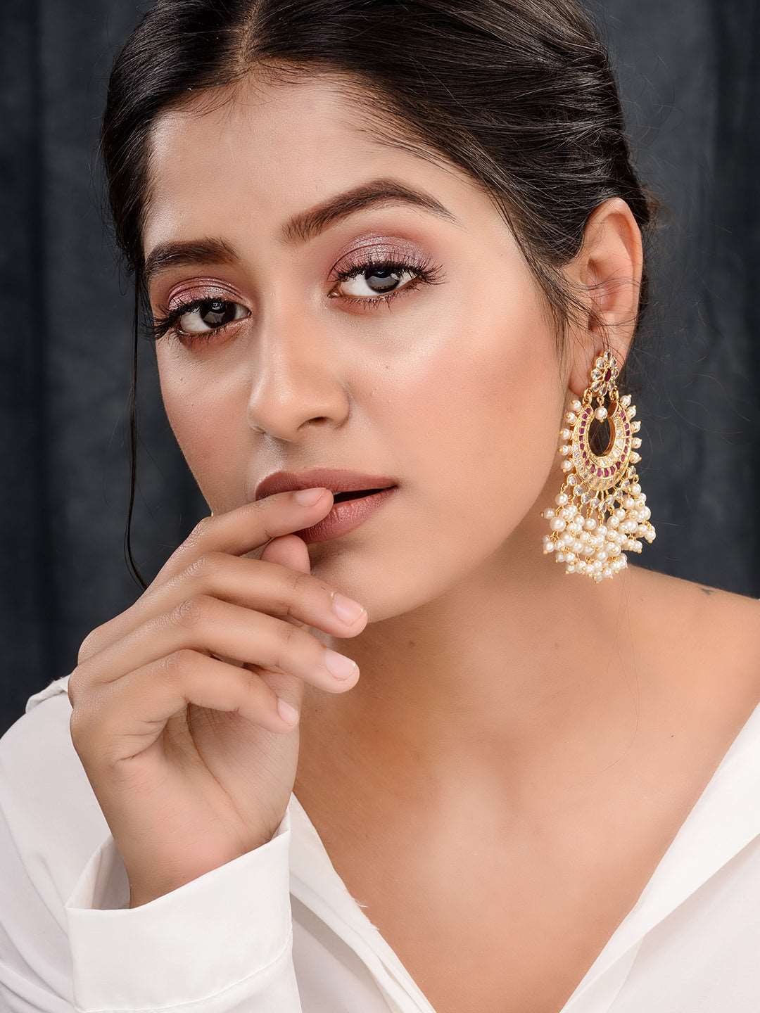 Gold Plated Pink AD Studded Peals Drops Chandbali Earrings, zaveri pearls, sale price rs, sale price, sale gold plated, sale gold, sale, rubans, ring, regular price, priyassi jewellery, kusha