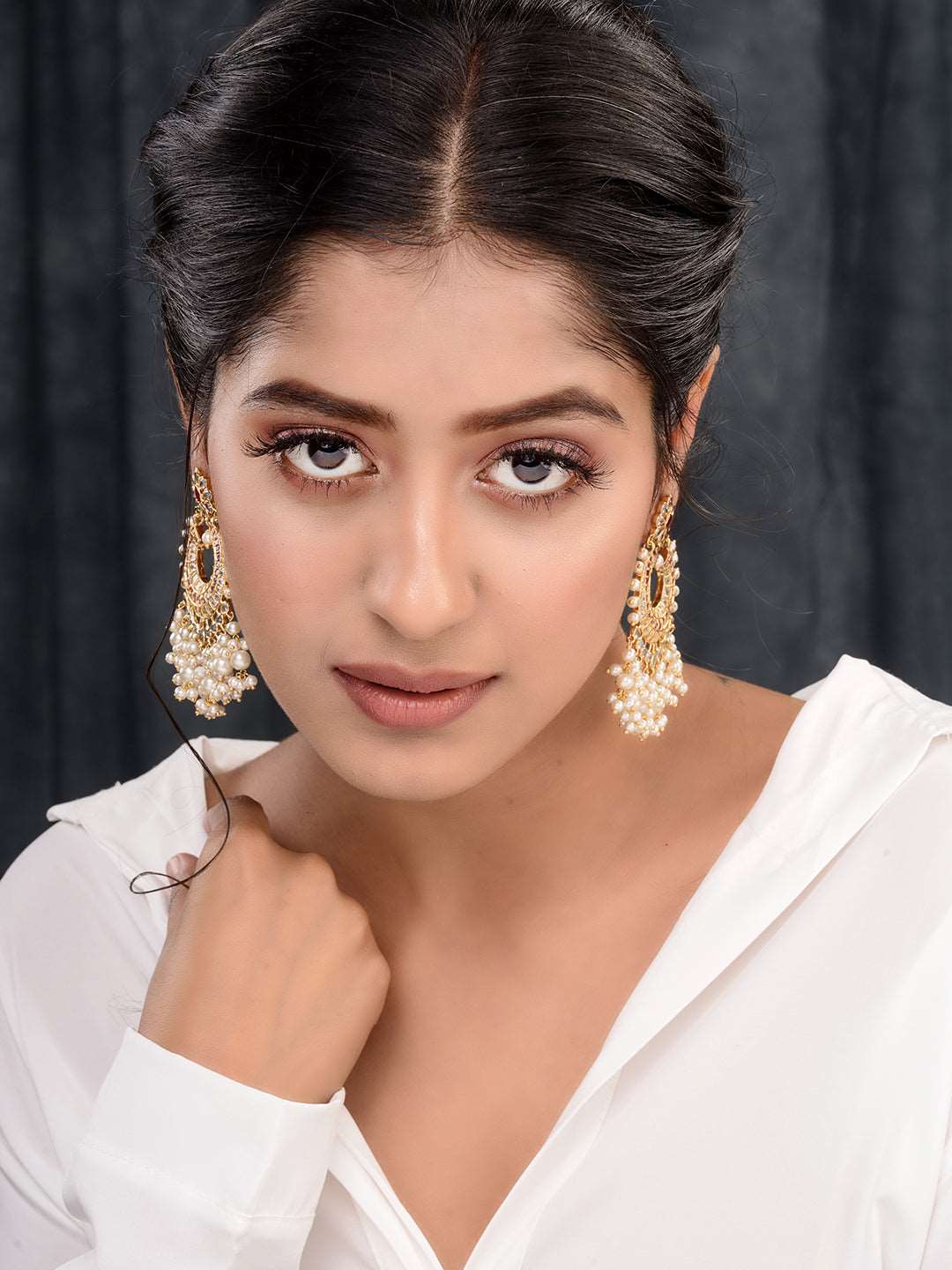 Gold Plated Pink AD Studded Peals Drops Chandbali Earrings, zaveri pearls, sale price rs, sale price, sale gold plated, sale gold, sale, rubans, ring, regular price, priyassi jewellery, kusha