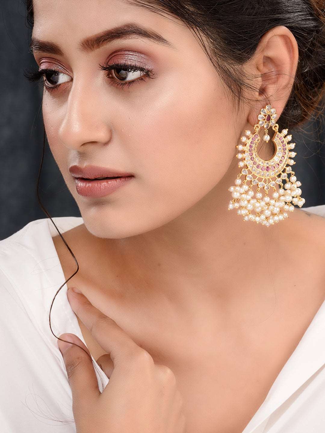 Gold Plated Pink AD Studded Peals Drops Chandbali Earrings, zaveri pearls, sale price rs, sale price, sale gold plated, sale gold, sale, rubans, ring, regular price, priyassi jewellery, kusha