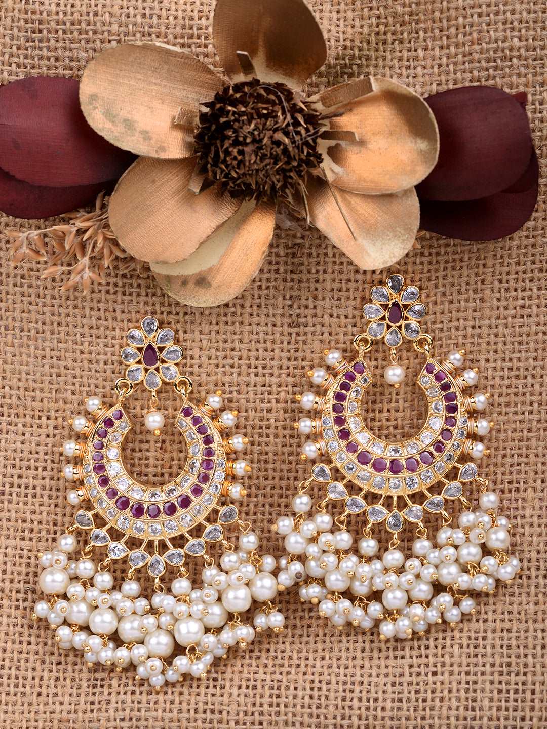 Gold Plated Pink AD Studded Peals Drops Chandbali Earrings, zaveri pearls, sale price rs, sale price, sale gold plated, sale gold, sale, rubans, ring, regular price, priyassi jewellery, kusha