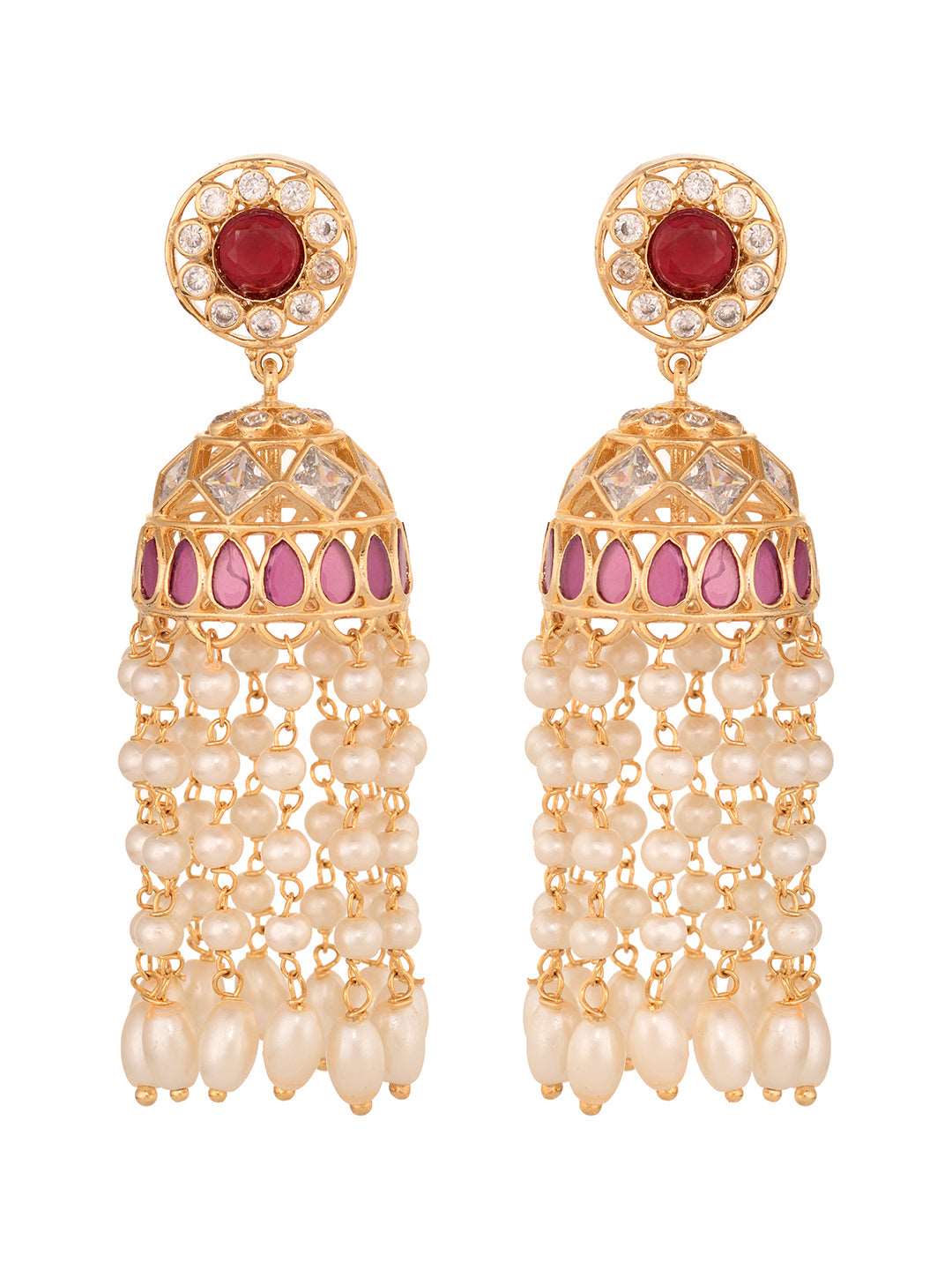 Gold Plated Red AD studded Pearl Dops Jhumka Earrings, zaveri pearls, sale price rs, sale price, sale gold plated, sale gold, sale, rubans, ring, regular price, priyassi jewellery, kushal's -