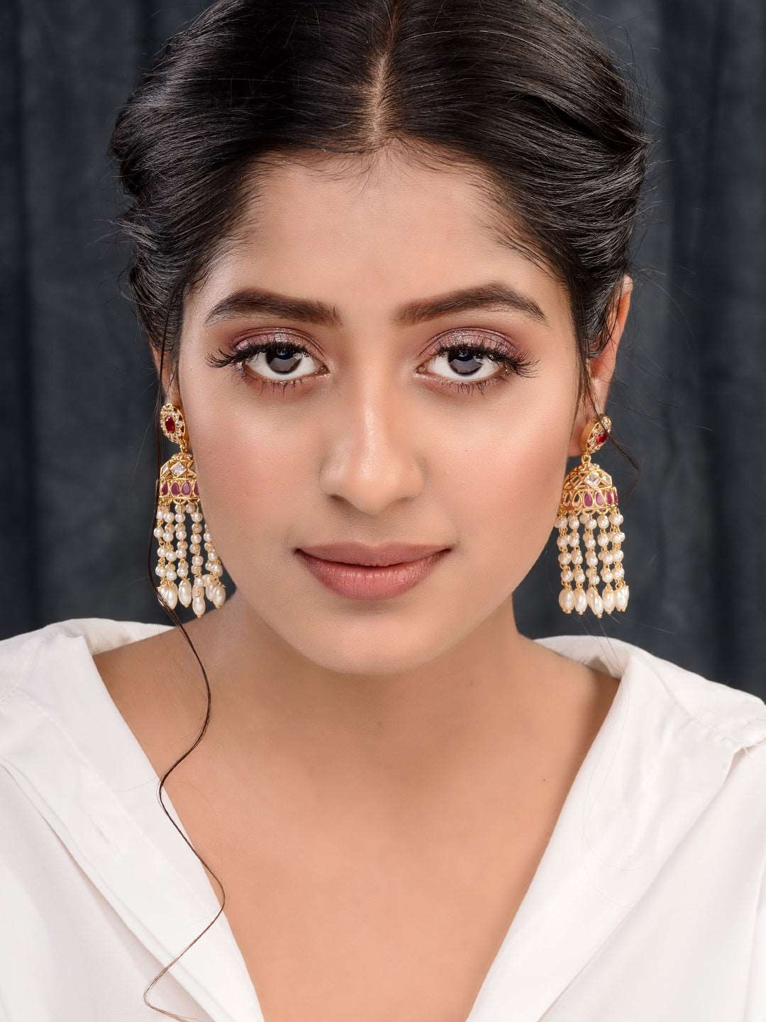 Gold Plated Red AD studded Pearl Dops Jhumka Earrings, zaveri pearls, sale price rs, sale price, sale gold plated, sale gold, sale, rubans, ring, regular price, priyassi jewellery, kushal's -