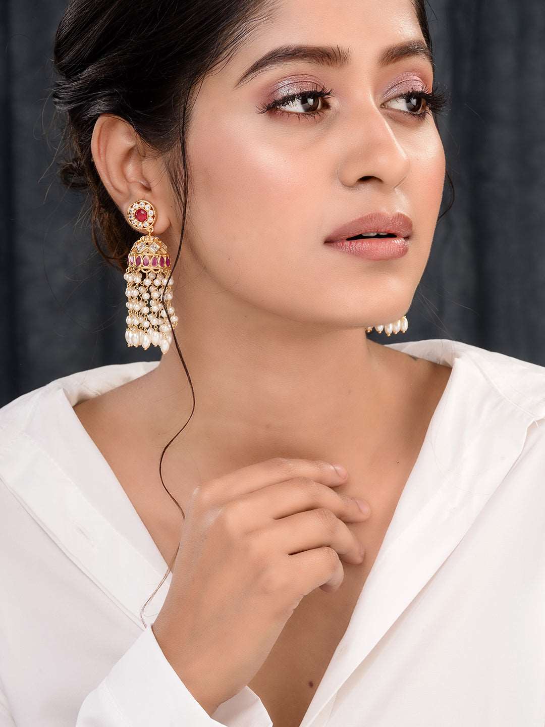 Gold Plated Red AD studded Pearl Dops Jhumka Earrings, zaveri pearls, sale price rs, sale price, sale gold plated, sale gold, sale, rubans, ring, regular price, priyassi jewellery, kushal's -