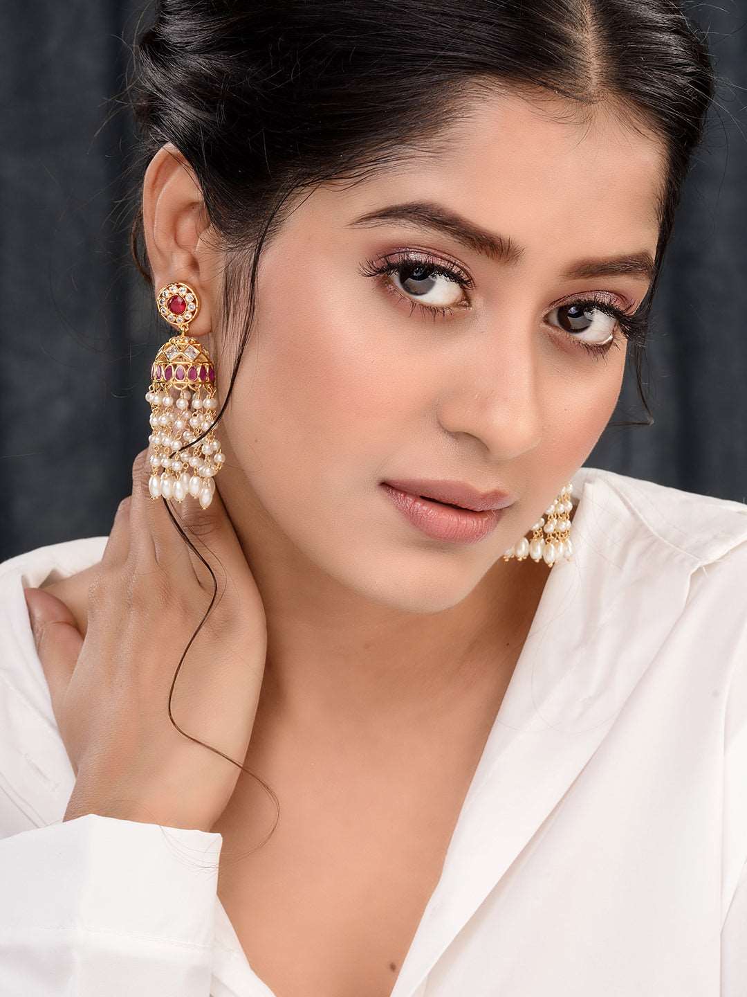 Gold Plated Red AD studded Pearl Dops Jhumka Earrings, zaveri pearls, sale price rs, sale price, sale gold plated, sale gold, sale, rubans, ring, regular price, priyassi jewellery, kushal's -