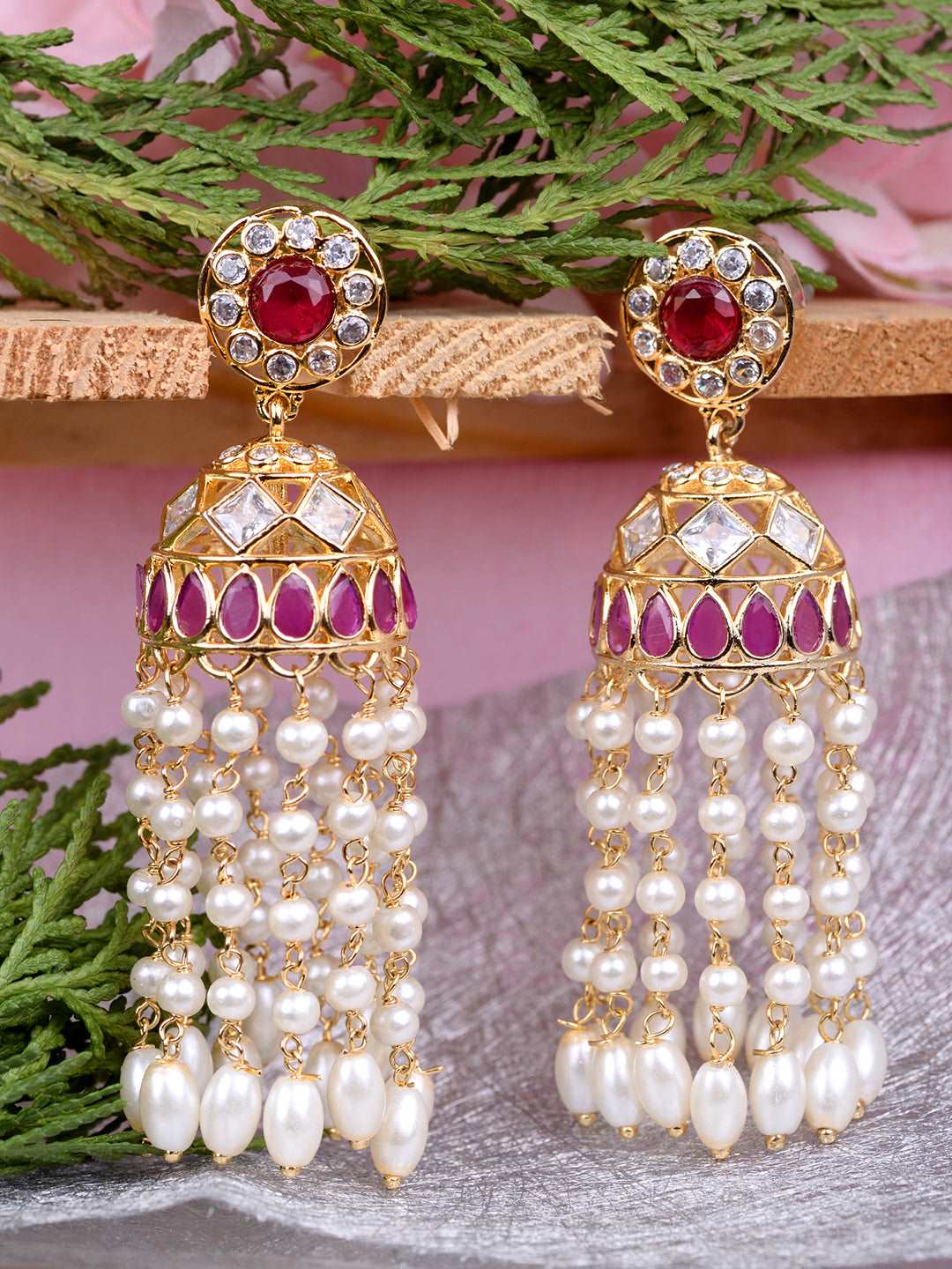Gold Plated Red AD studded Pearl Dops Jhumka Earrings, zaveri pearls, sale price rs, sale price, sale gold plated, sale gold, sale, rubans, ring, regular price, priyassi jewellery, kushal's -