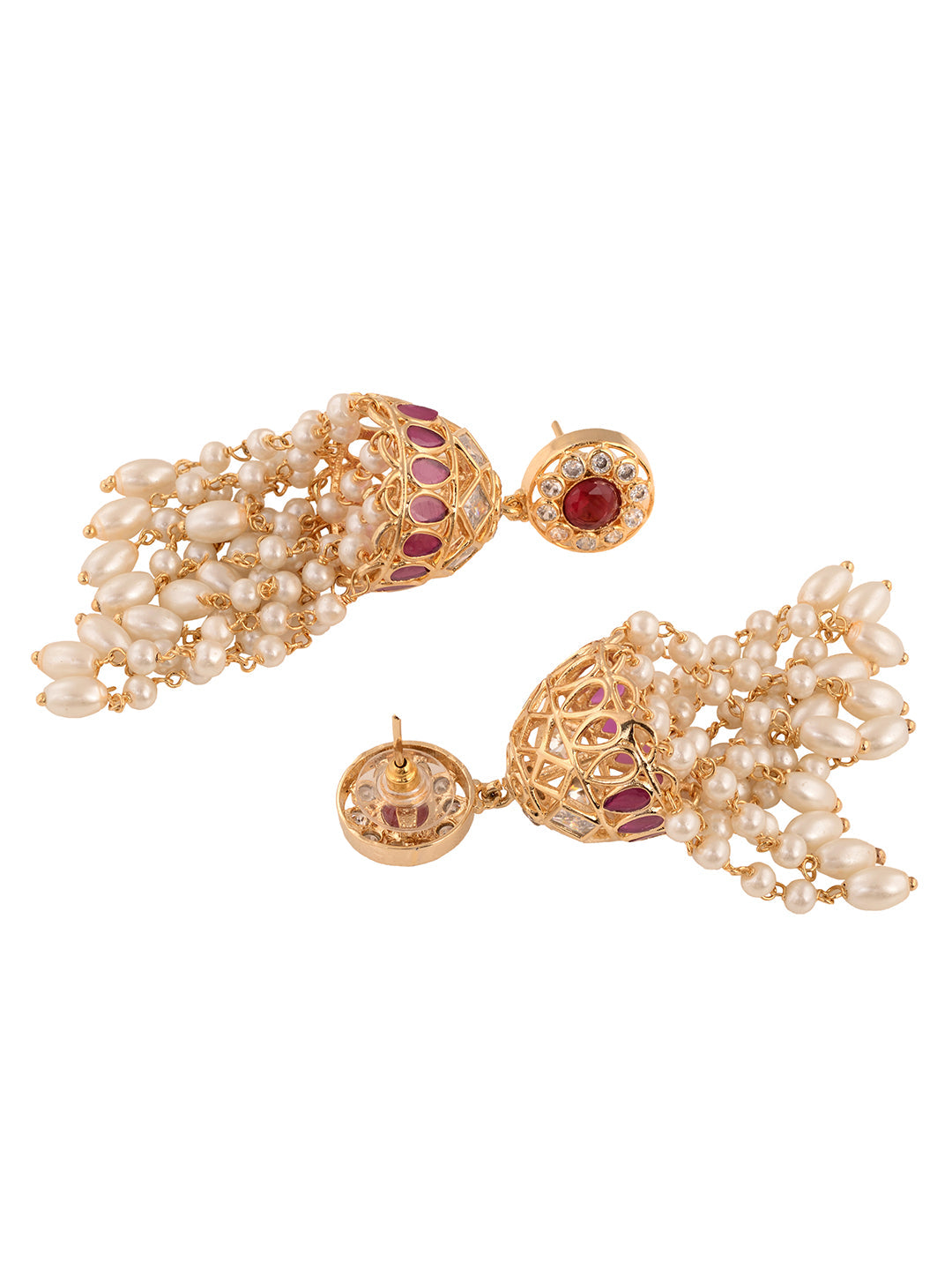 Gold Plated Red AD studded Pearl Dops Jhumka Earrings, zaveri pearls, sale price rs, sale price, sale gold plated, sale gold, sale, rubans, ring, regular price, priyassi jewellery, kushal's -