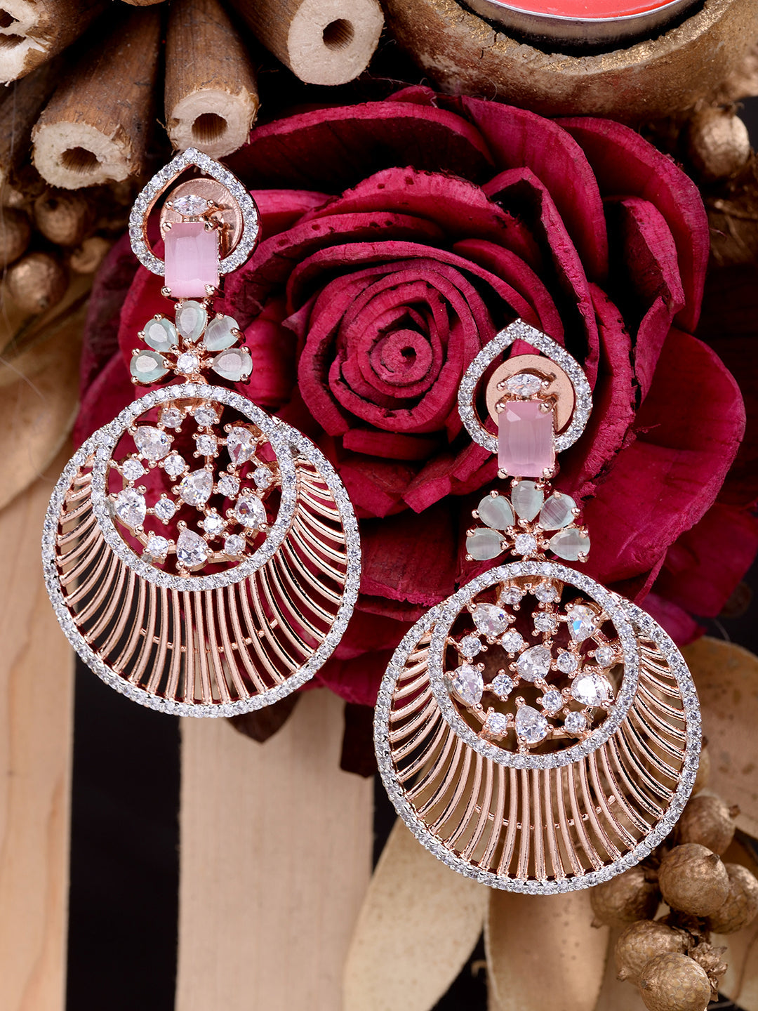 Rosegold Plated Pink AD studded Chandbali Earrings, zaveri pearls, sale price rs, sale price, sale gold plated, sale gold, sale, rubans, ring, regular price, priyassi jewellery, kushal's - Sa