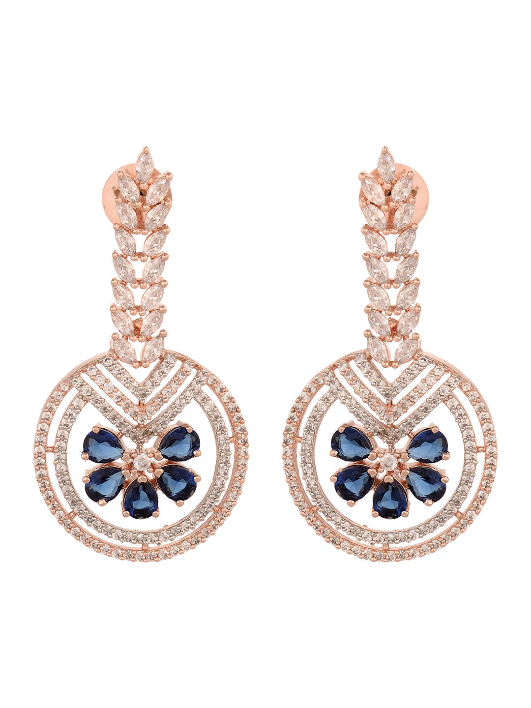 Rosegold Plated Blue AD studded Drop Earrings, zaveri pearls, sale price rs, sale price, sale gold plated, sale gold, sale, rubans, ring, regular price, priyassi jewellery, kushal's - Saraf R