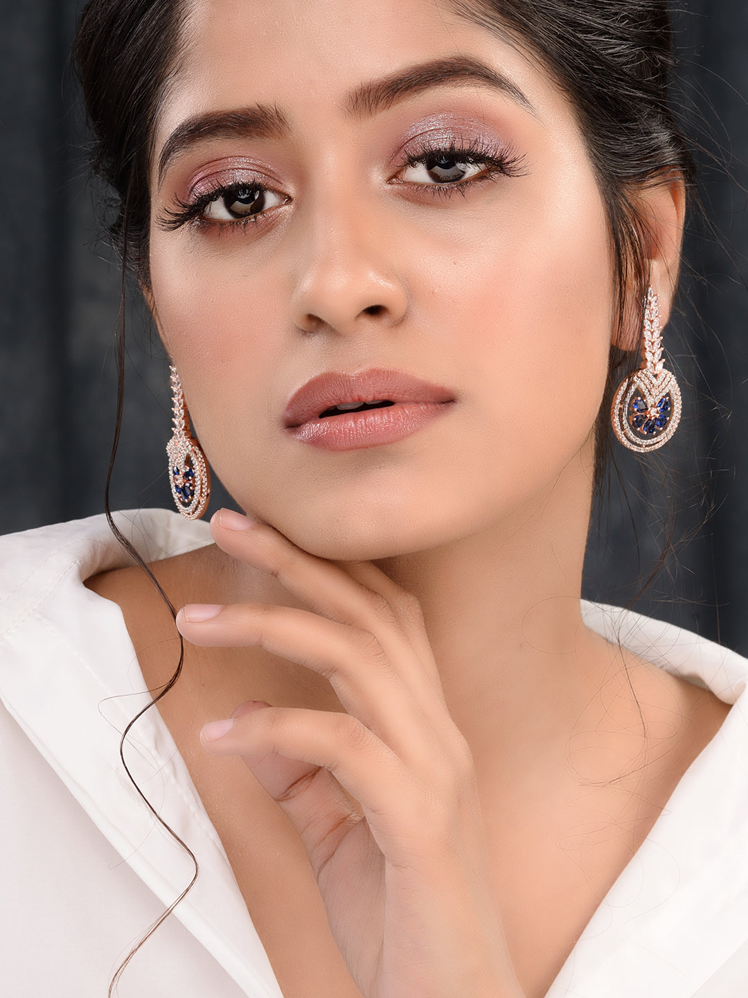 Rosegold Plated Blue AD studded Drop Earrings, zaveri pearls, sale price rs, sale price, sale gold plated, sale gold, sale, rubans, ring, regular price, priyassi jewellery, kushal's - Saraf R