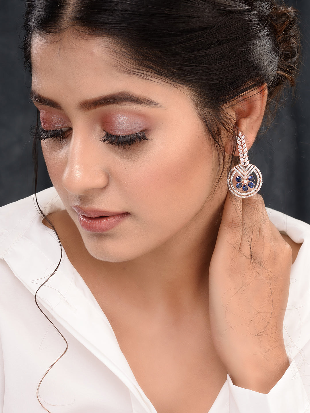 Rosegold Plated Blue AD studded Drop Earrings, zaveri pearls, sale price rs, sale price, sale gold plated, sale gold, sale, rubans, ring, regular price, priyassi jewellery, kushal's - Saraf R