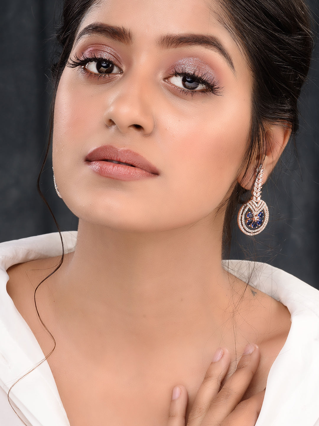 Rosegold Plated Blue AD studded Drop Earrings, zaveri pearls, sale price rs, sale price, sale gold plated, sale gold, sale, rubans, ring, regular price, priyassi jewellery, kushal's - Saraf R