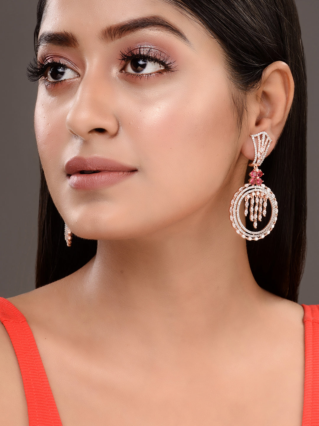 Rosegold Plated Red AD studded Drop Earrings, zaveri pearls, sale price rs, sale price, sale gold plated, sale gold, sale, rubans, ring, regular price, priyassi jewellery, kushal's - Saraf RS