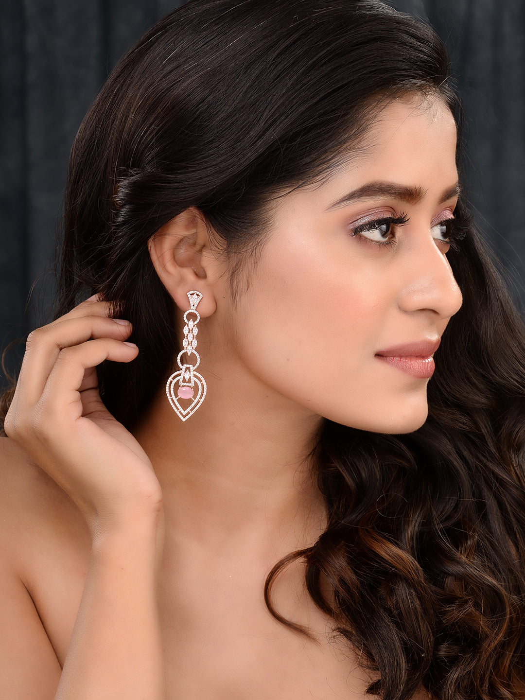 Rosegold Plated Pink AD studded Drop Earrings, zaveri pearls, sale price rs, sale price, sale gold plated, sale gold, sale, rubans, ring, regular price, priyassi jewellery, kushal's - Saraf R