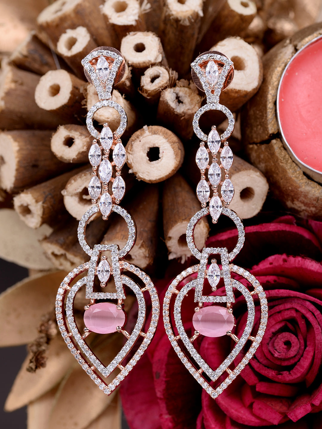 Rosegold Plated Pink AD studded Drop Earrings, zaveri pearls, sale price rs, sale price, sale gold plated, sale gold, sale, rubans, ring, regular price, priyassi jewellery, kushal's - Saraf R