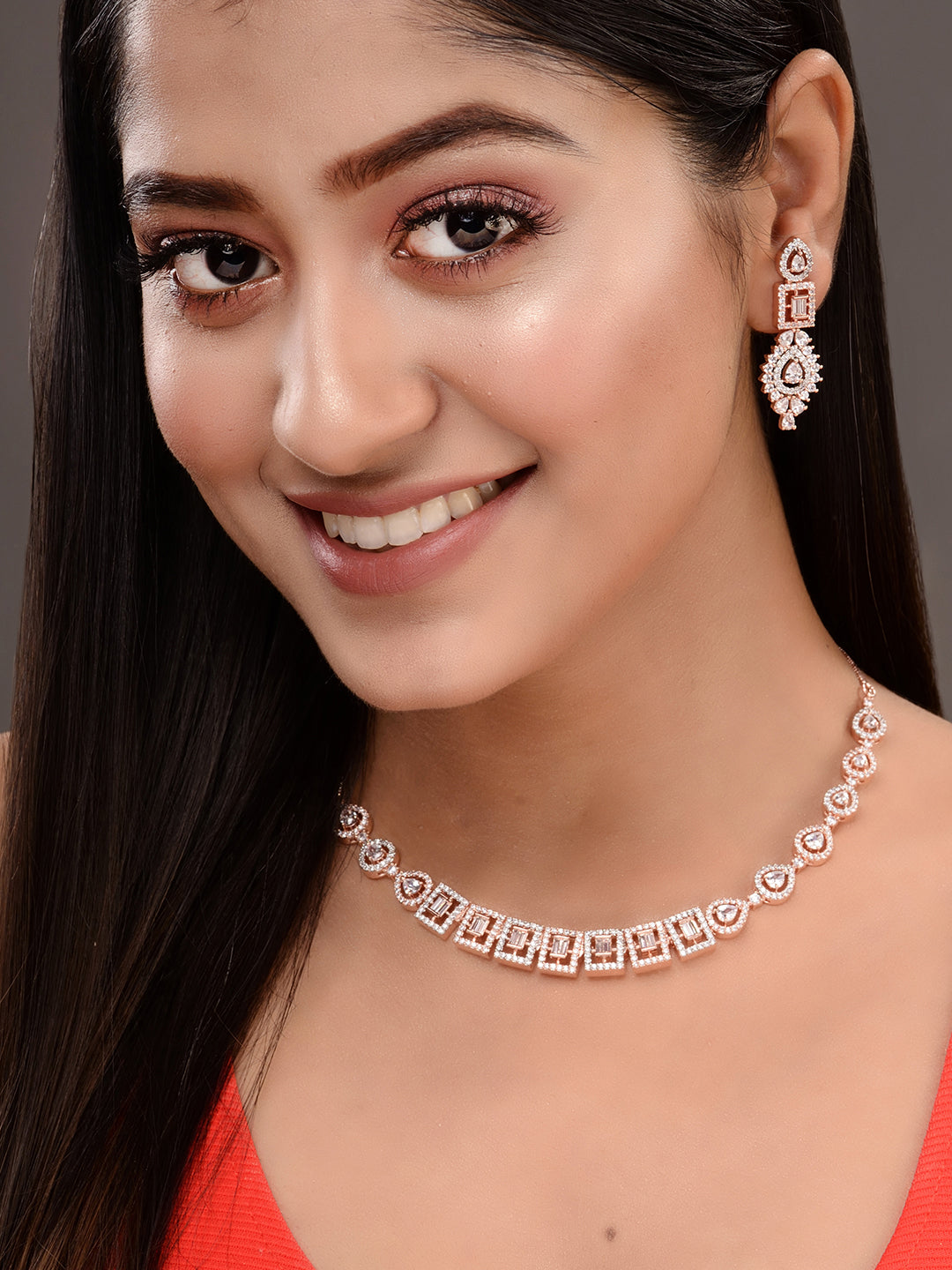 Rosegold Plated AD studded Necklace Earrings Jewellery Set, zaveri pearls, sale price rs, sale price, sale gold plated, sale gold, sale, rubans, ring, regular price, priyassi jewellery, kusha