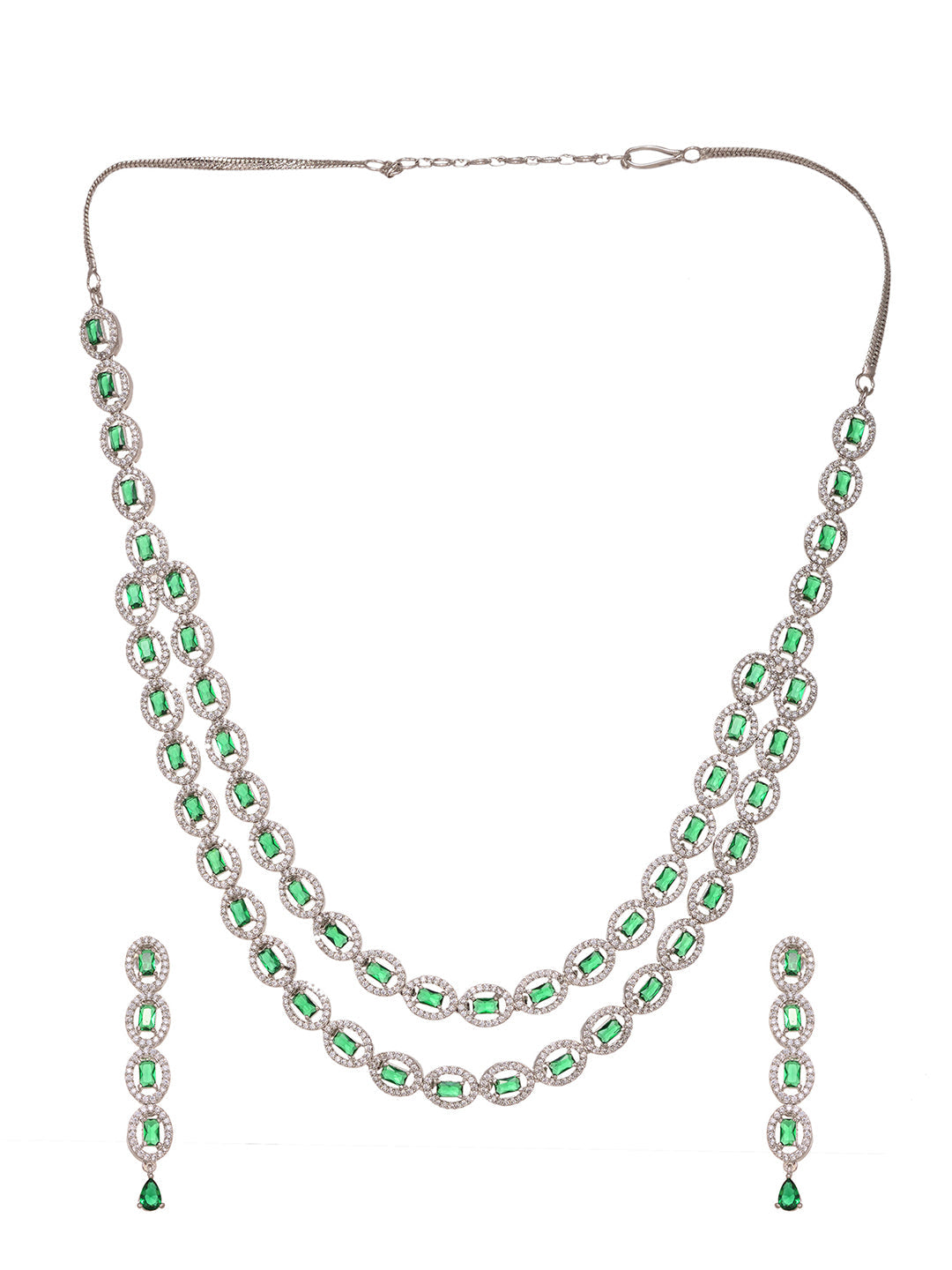 White Rhodium Plated Green AD studded Necklace Earrings Jewellery Set, zaveri pearls, sale price rs, sale price, sale gold plated, sale gold, sale, rubans, ring, regular price, priyassi jewel