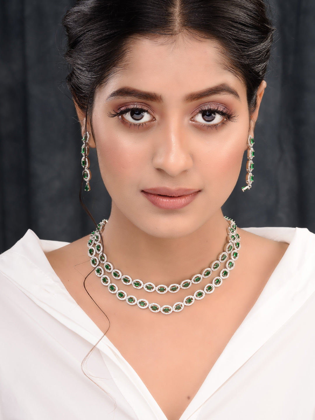 White Rhodium Plated Green AD studded Necklace Earrings Jewellery Set, zaveri pearls, sale price rs, sale price, sale gold plated, sale gold, sale, rubans, ring, regular price, priyassi jewel