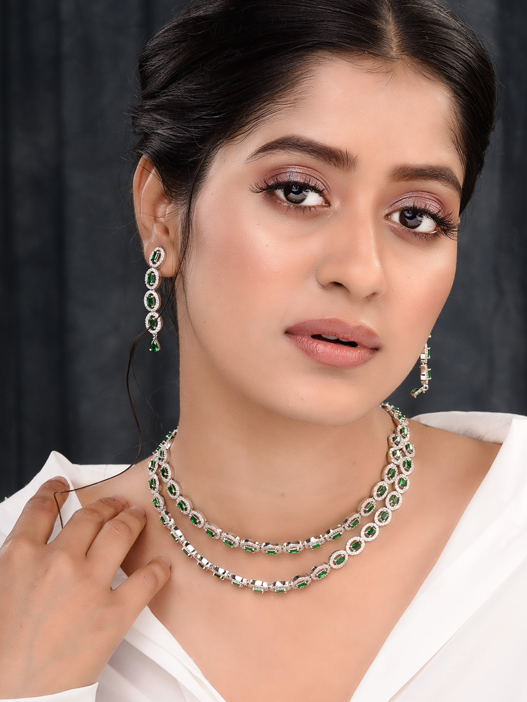 White Rhodium Plated Green AD studded Necklace Earrings Jewellery Set, zaveri pearls, sale price rs, sale price, sale gold plated, sale gold, sale, rubans, ring, regular price, priyassi jewel