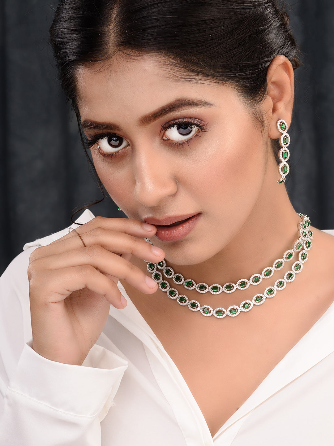 White Rhodium Plated Green AD studded Necklace Earrings Jewellery Set, zaveri pearls, sale price rs, sale price, sale gold plated, sale gold, sale, rubans, ring, regular price, priyassi jewel
