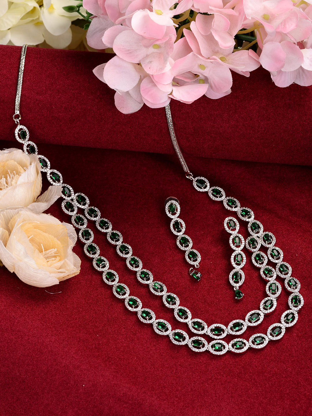 White Rhodium Plated Green AD studded Necklace Earrings Jewellery Set, zaveri pearls, sale price rs, sale price, sale gold plated, sale gold, sale, rubans, ring, regular price, priyassi jewel