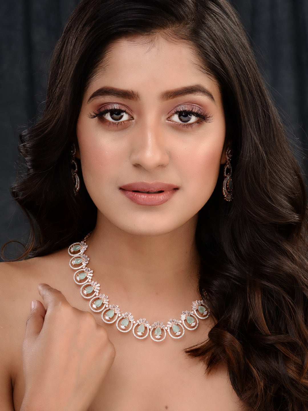 Rosegold Plated Mint AD studded Necklace Earrings Jewellery Set, zaveri pearls, sale price rs, sale price, sale gold plated, sale gold, sale, rubans, ring, regular price, priyassi jewellery, 