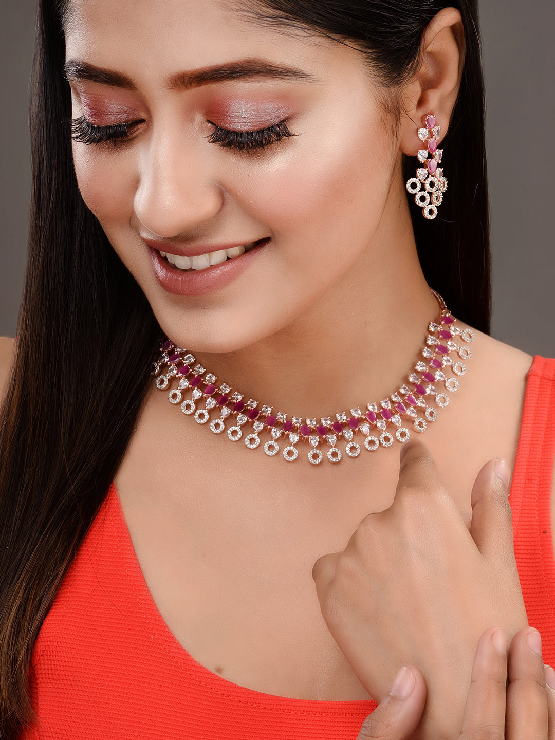 Rosegold Plated Red AD studded Necklace Earrings Jewellery Set, zaveri pearls, sale price rs, sale price, sale gold plated, sale gold, sale, rubans, ring, regular price, priyassi jewellery, k