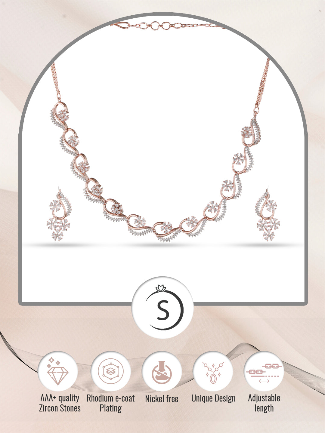 Rosegold Plated AD studded Necklace Earrings Jewellery Set, zaveri pearls, sale price rs, sale price, sale gold plated, sale gold, sale, rubans, ring, regular price, priyassi jewellery, kusha