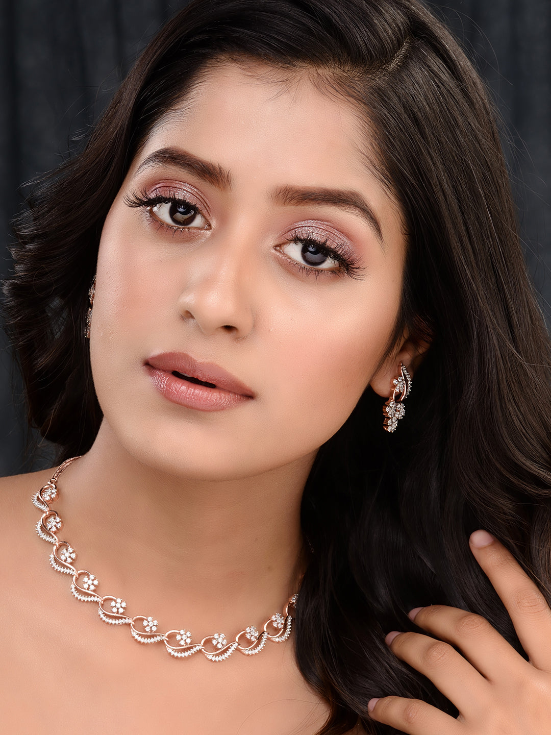 Rosegold Plated AD studded Necklace Earrings Jewellery Set, zaveri pearls, sale price rs, sale price, sale gold plated, sale gold, sale, rubans, ring, regular price, priyassi jewellery, kusha