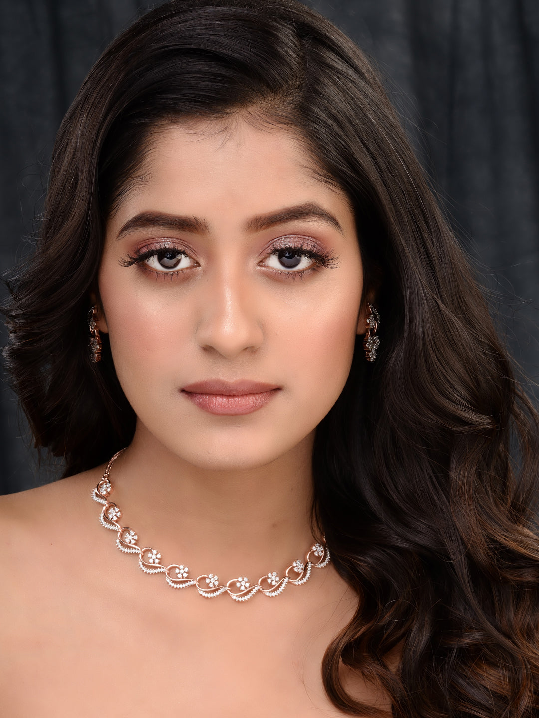 Rosegold Plated AD studded Necklace Earrings Jewellery Set, zaveri pearls, sale price rs, sale price, sale gold plated, sale gold, sale, rubans, ring, regular price, priyassi jewellery, kusha