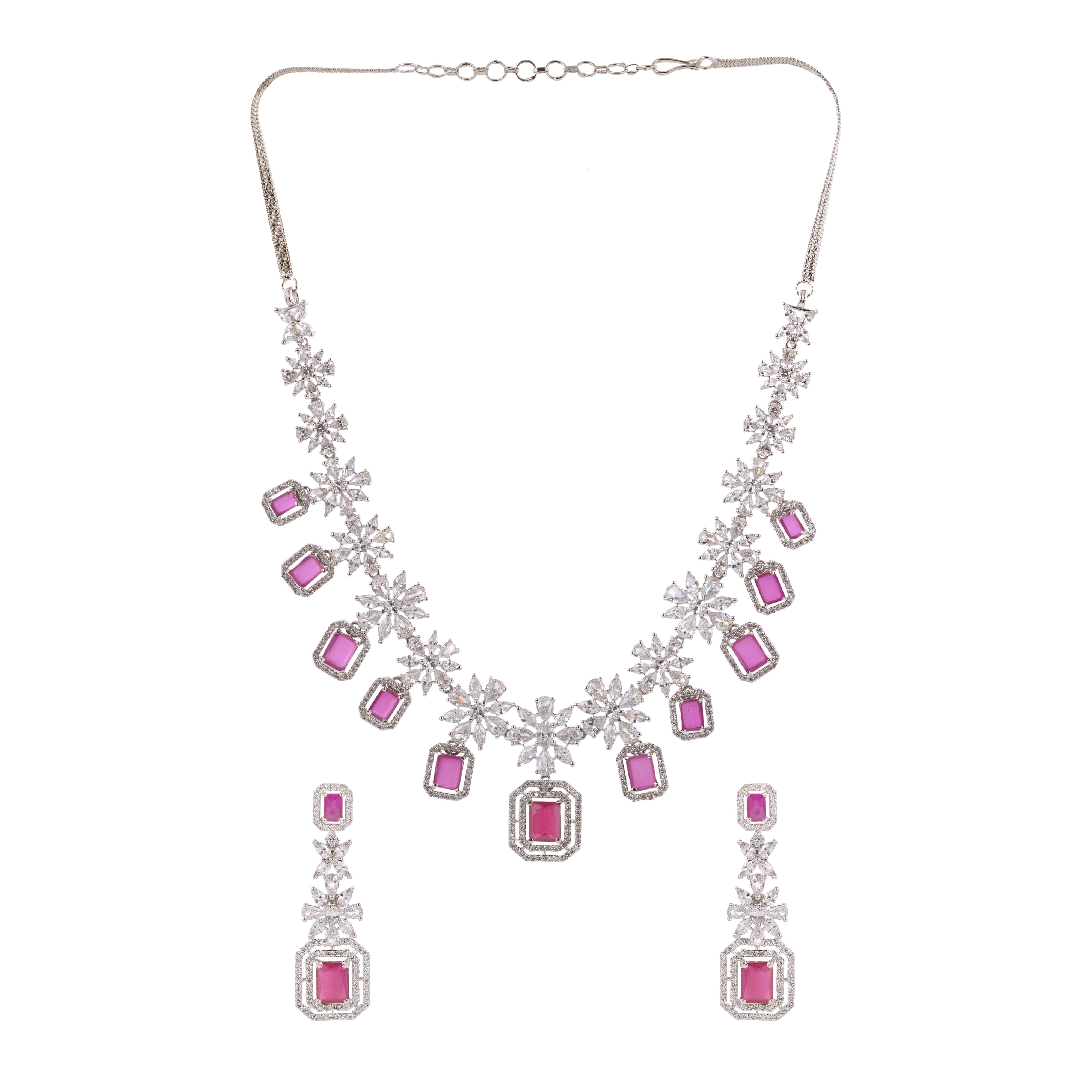 White Rhodium Plated Red AD studded Necklace Earrings Jewellery Set, zaveri pearls, sale price rs, sale price, sale gold plated, sale gold, sale, rubans, ring, regular price, priyassi jewelle