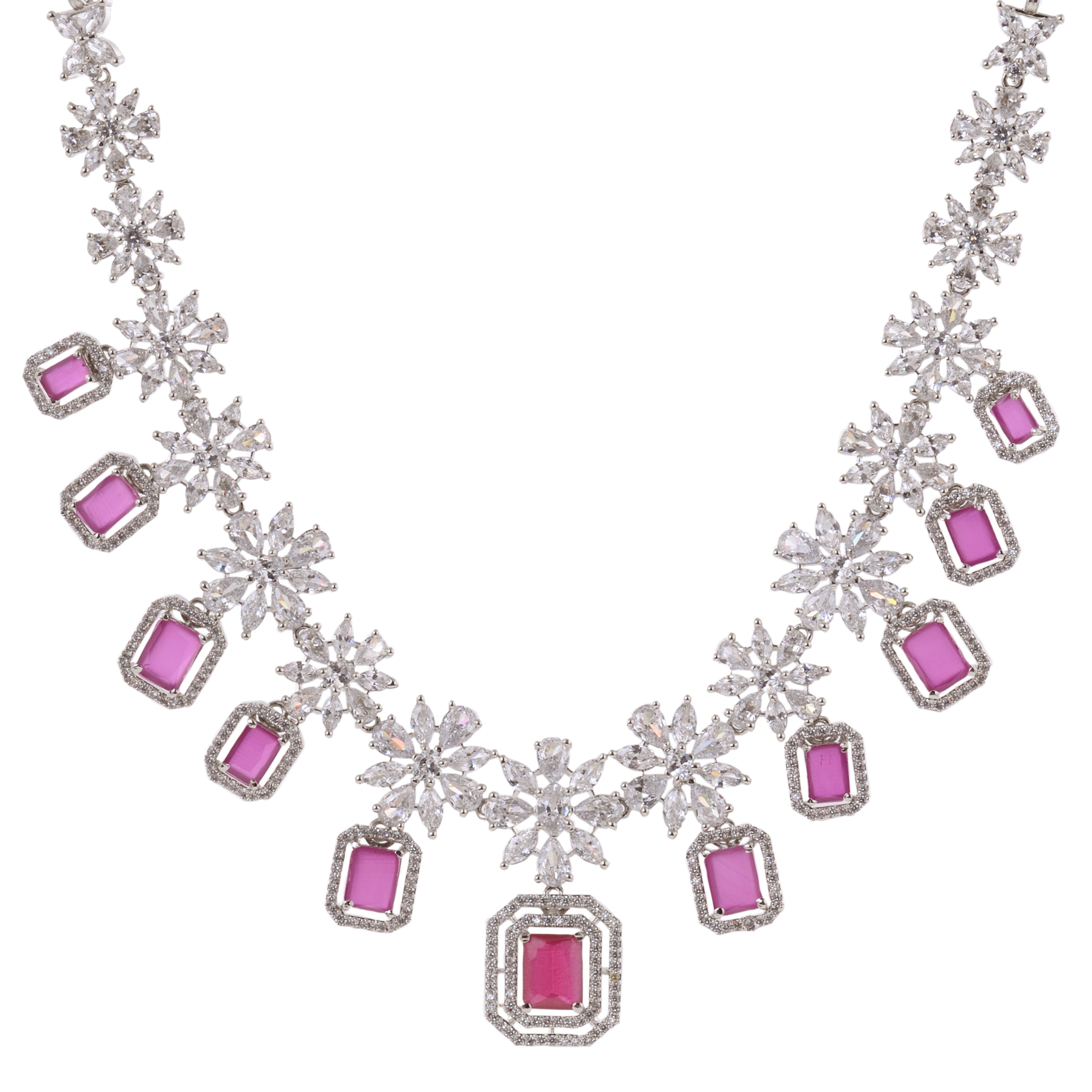 White Rhodium Plated Red AD studded Necklace Earrings Jewellery Set, zaveri pearls, sale price rs, sale price, sale gold plated, sale gold, sale, rubans, ring, regular price, priyassi jewelle