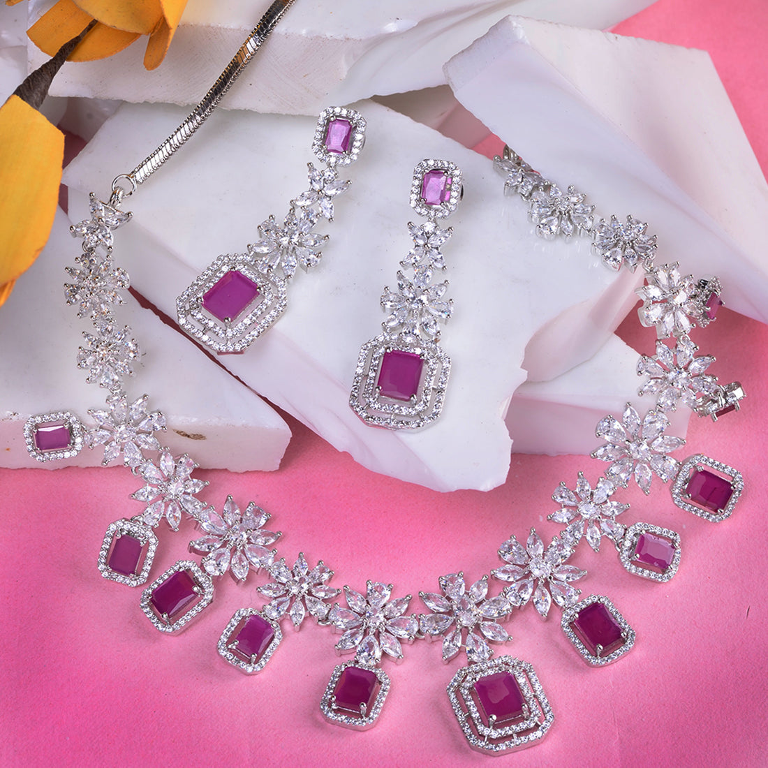 White Rhodium Plated Red AD studded Necklace Earrings Jewellery Set, zaveri pearls, sale price rs, sale price, sale gold plated, sale gold, sale, rubans, ring, regular price, priyassi jewelle