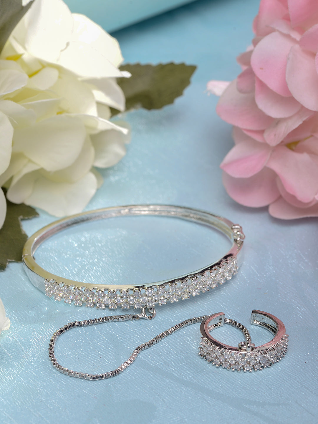 Silver Toned AD studded Handcrafted Ring Bracelet, zaveri pearls, sale price rs, sale price, sale gold plated, sale gold, sale, rubans, ring, regular price, priyassi jewellery, kushal's - Sar