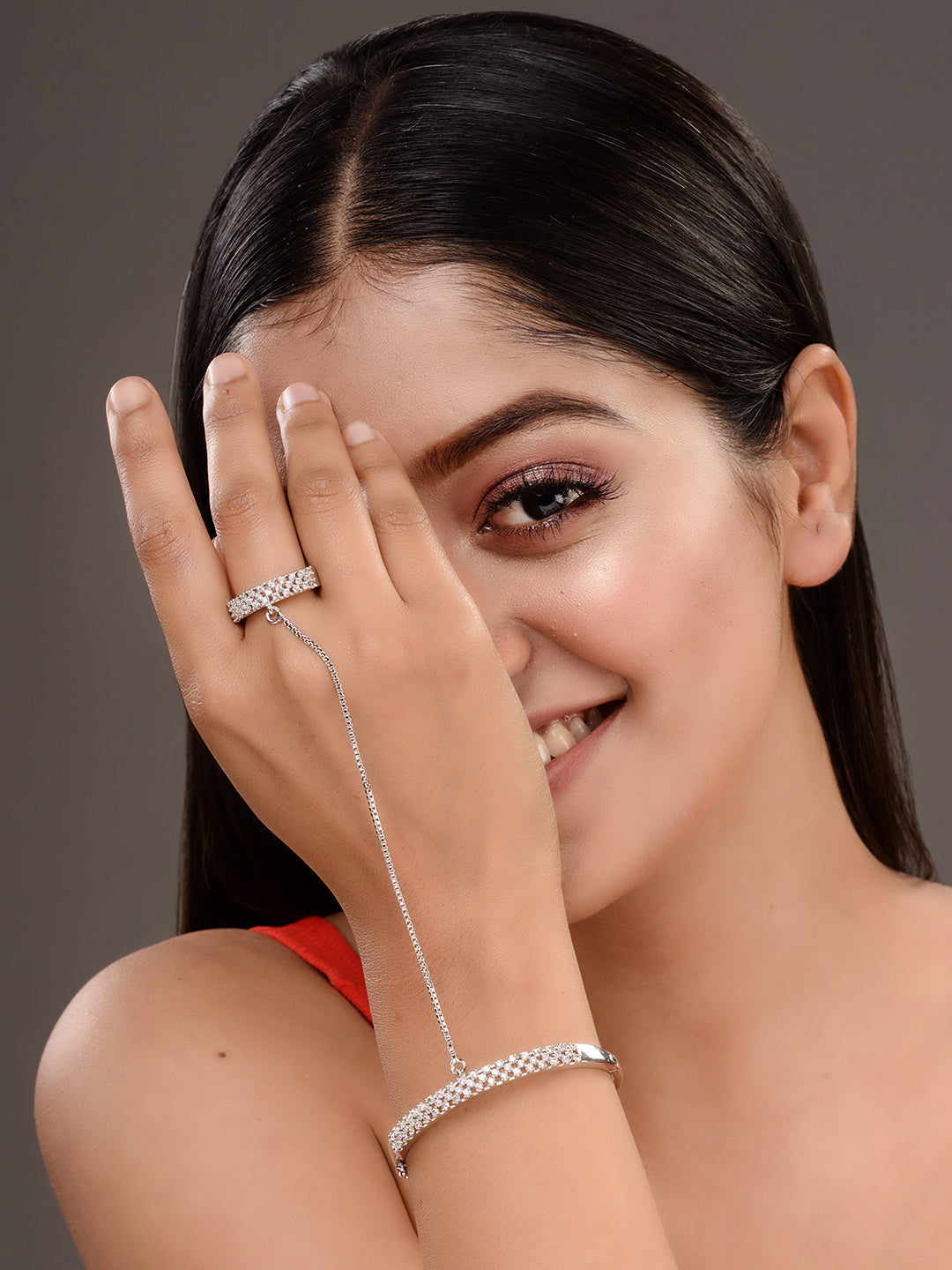 Silver Toned AD studded Handcrafted Ring Bracelet, zaveri pearls, sale price rs, sale price, sale gold plated, sale gold, sale, rubans, ring, regular price, priyassi jewellery, kushal's - Sar