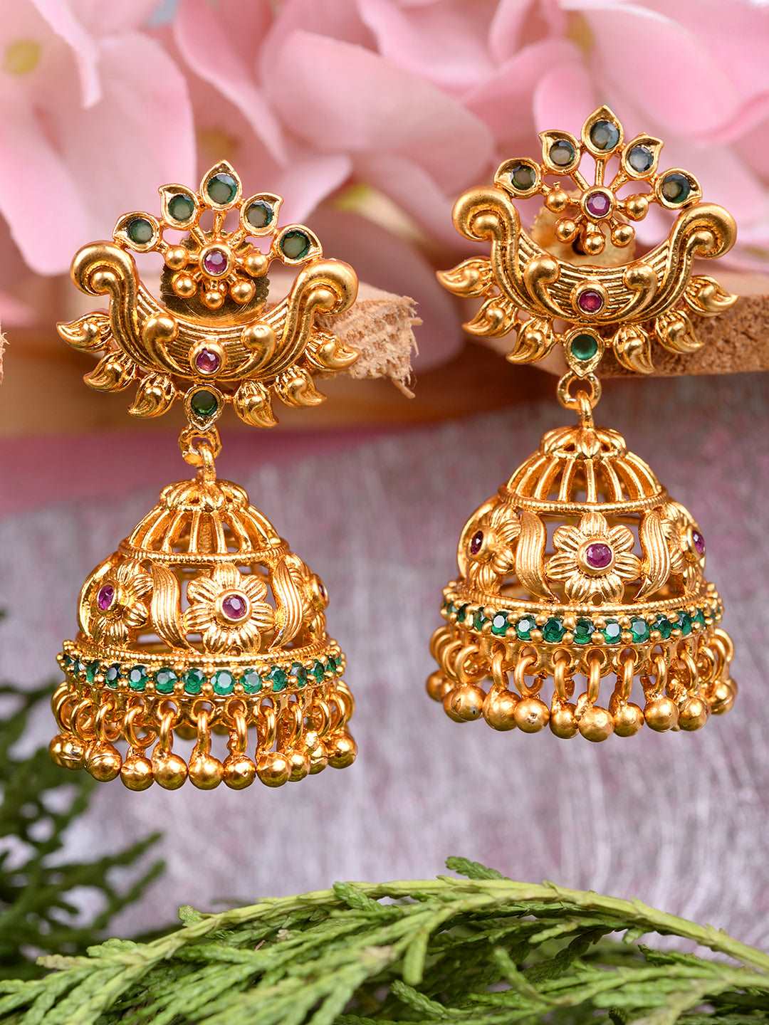 Gold Plated Multi stone studded Jhumka Earrings, zaveri pearls, sale price rs, sale price, sale gold plated, sale gold, sale, rubans, ring, regular price, priyassi jewellery, kushal's - Saraf