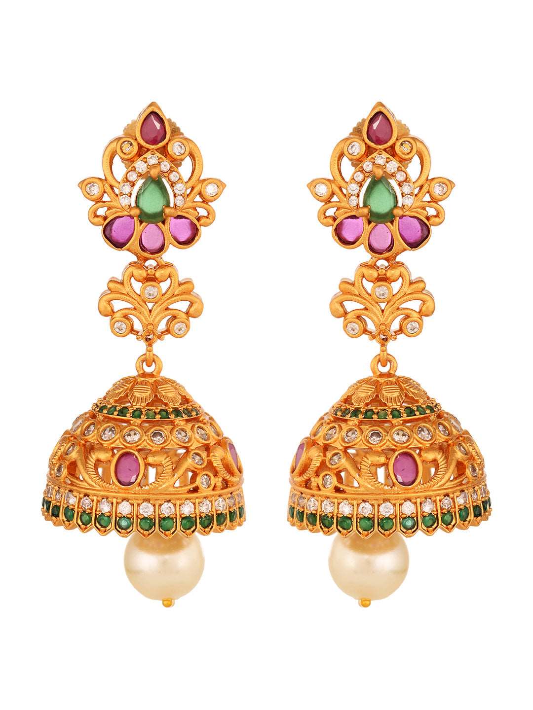 Gold Plated Multi stone studded Jhumka Earrings, zaveri pearls, sale price rs, sale price, sale gold plated, sale gold, sale, rubans, ring, regular price, priyassi jewellery, kushal's - Saraf