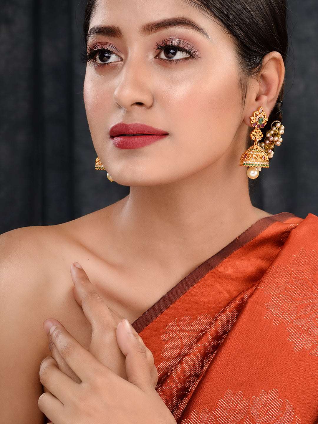 Gold Plated Multi stone studded Jhumka Earrings, zaveri pearls, sale price rs, sale price, sale gold plated, sale gold, sale, rubans, ring, regular price, priyassi jewellery, kushal's - Saraf