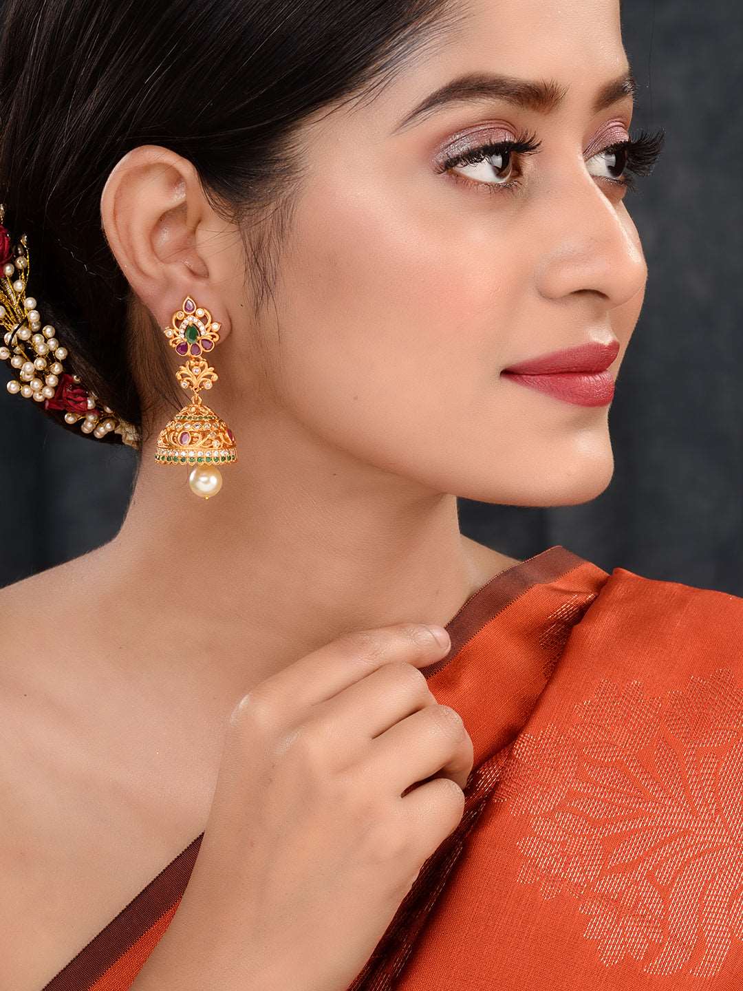 Gold Plated Multi stone studded Jhumka Earrings, zaveri pearls, sale price rs, sale price, sale gold plated, sale gold, sale, rubans, ring, regular price, priyassi jewellery, kushal's - Saraf