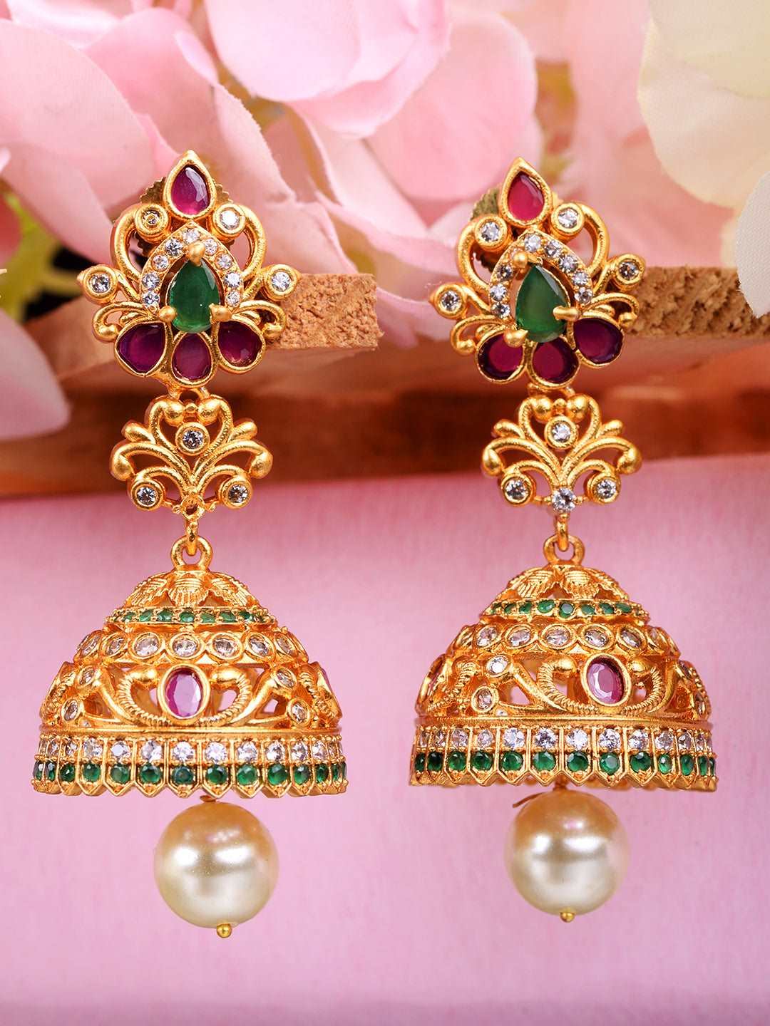 Gold Plated Multi stone studded Jhumka Earrings, zaveri pearls, sale price rs, sale price, sale gold plated, sale gold, sale, rubans, ring, regular price, priyassi jewellery, kushal's - Saraf