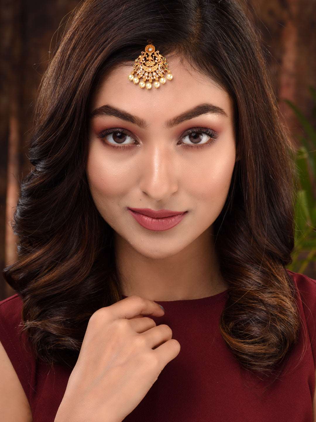 Gold Plated Red & Green AD Studded Maang Tikka, zaveri pearls, sale price rs, sale price, sale gold plated, sale gold, sale, rubans, ring, regular price, priyassi jewellery, kushal's - Saraf 