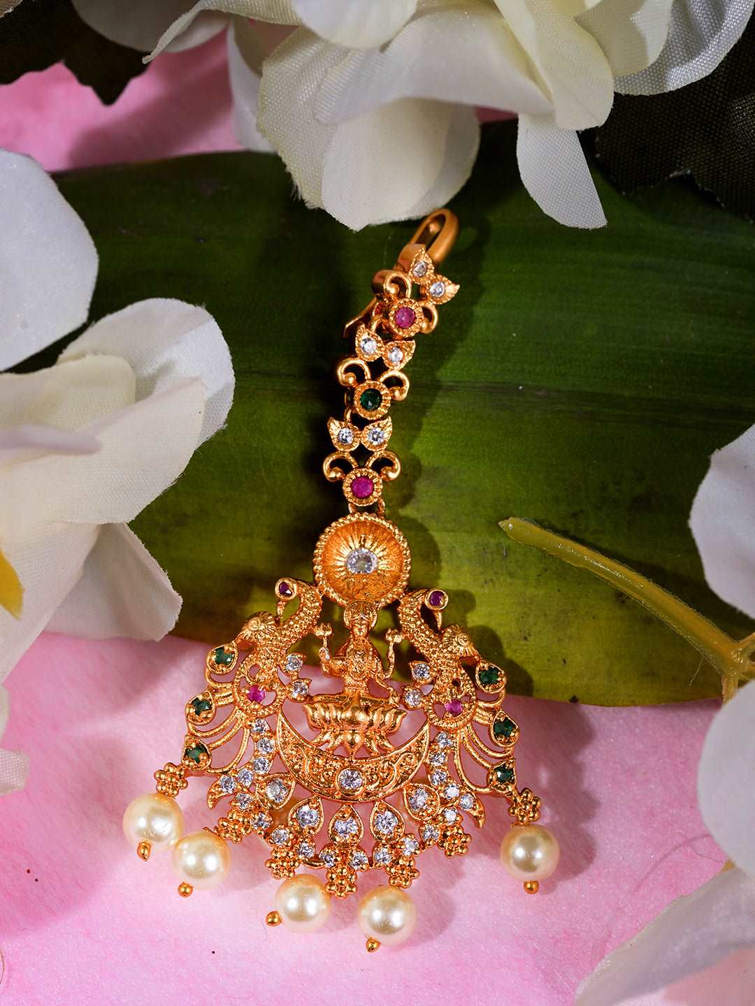 Gold Plated Red & Green AD Studded Maang Tikka, zaveri pearls, sale price rs, sale price, sale gold plated, sale gold, sale, rubans, ring, regular price, priyassi jewellery, kushal's - Saraf 