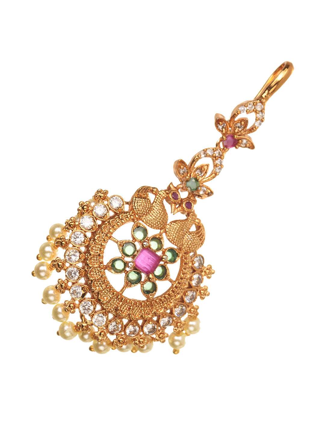 Gold Plated Red & Green AD Studded Maang Tikka, zaveri pearls, sale price rs, sale price, sale gold plated, sale gold, sale, rubans, ring, regular price, priyassi jewellery, kushal's - Saraf 