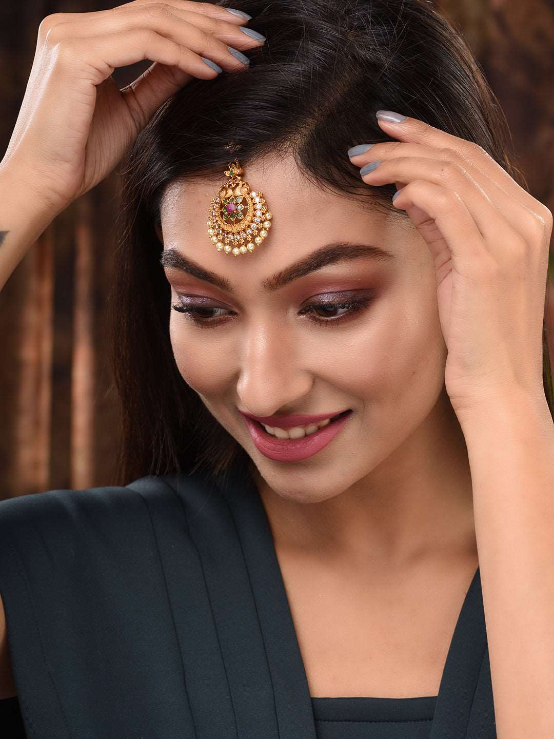 Gold Plated Red & Green AD Studded Maang Tikka, zaveri pearls, sale price rs, sale price, sale gold plated, sale gold, sale, rubans, ring, regular price, priyassi jewellery, kushal's - Saraf 