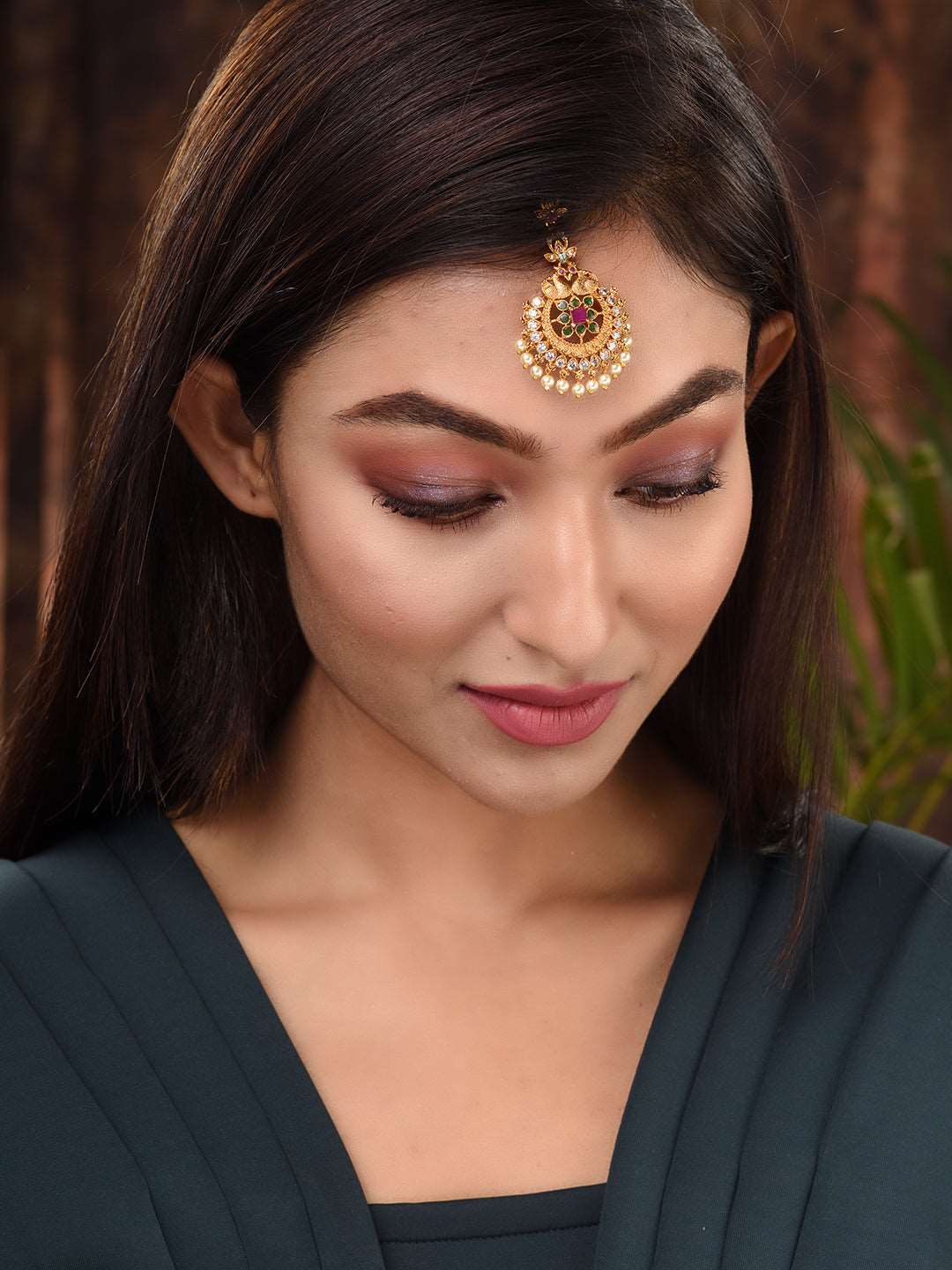 Gold Plated Red & Green AD Studded Maang Tikka, zaveri pearls, sale price rs, sale price, sale gold plated, sale gold, sale, rubans, ring, regular price, priyassi jewellery, kushal's - Saraf 