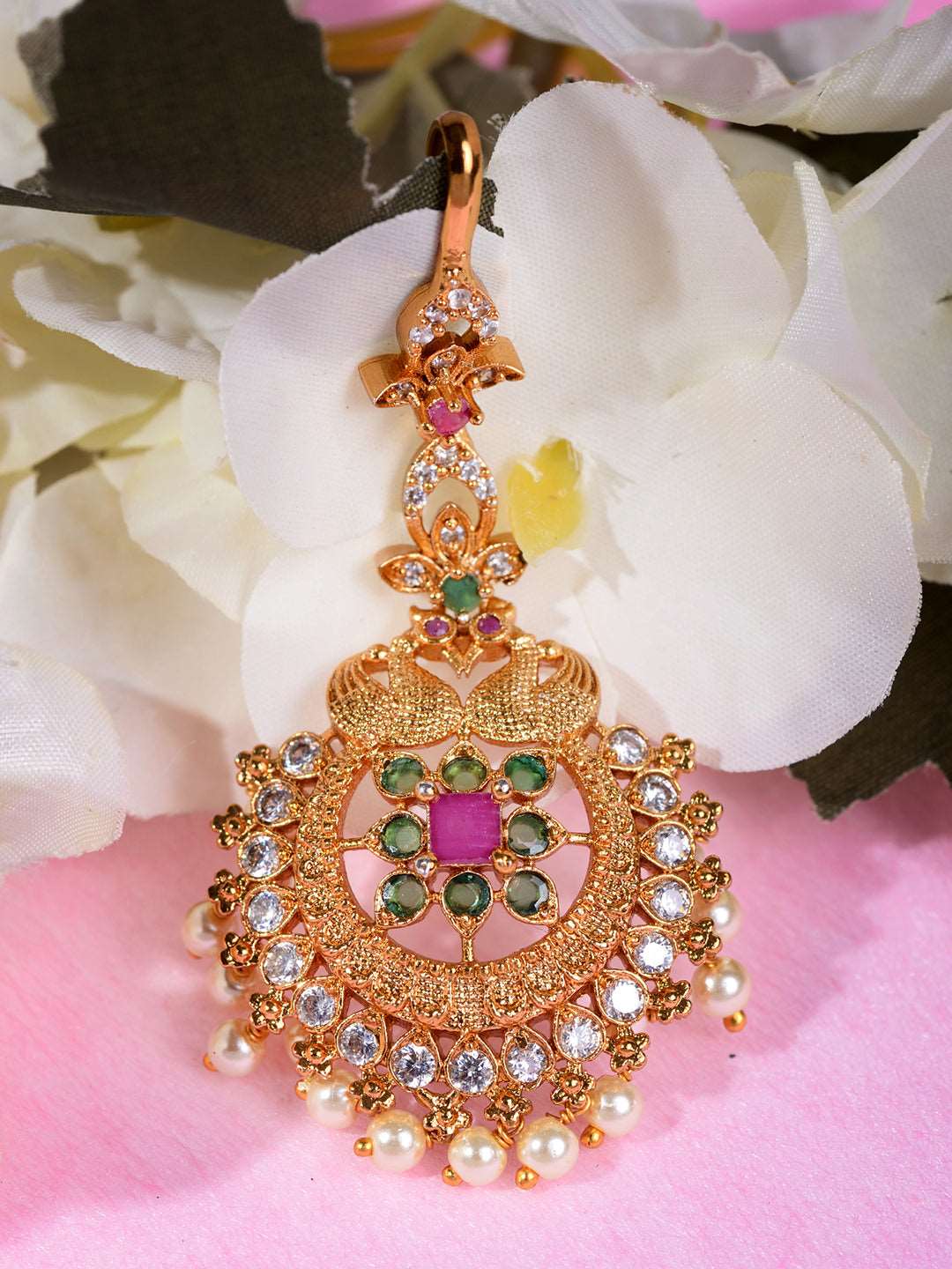 Gold Plated Red & Green AD Studded Maang Tikka, zaveri pearls, sale price rs, sale price, sale gold plated, sale gold, sale, rubans, ring, regular price, priyassi jewellery, kushal's - Saraf 