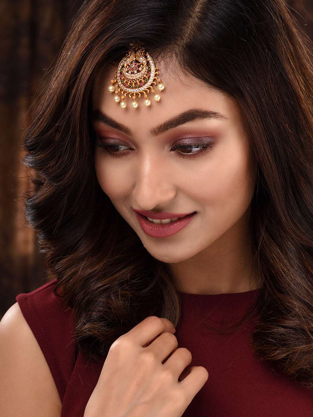 Gold Plated Red & Green AD Studded Maang Tikka, zaveri pearls, sale price rs, sale price, sale gold plated, sale gold, sale, rubans, ring, regular price, priyassi jewellery, kushal's - Saraf 