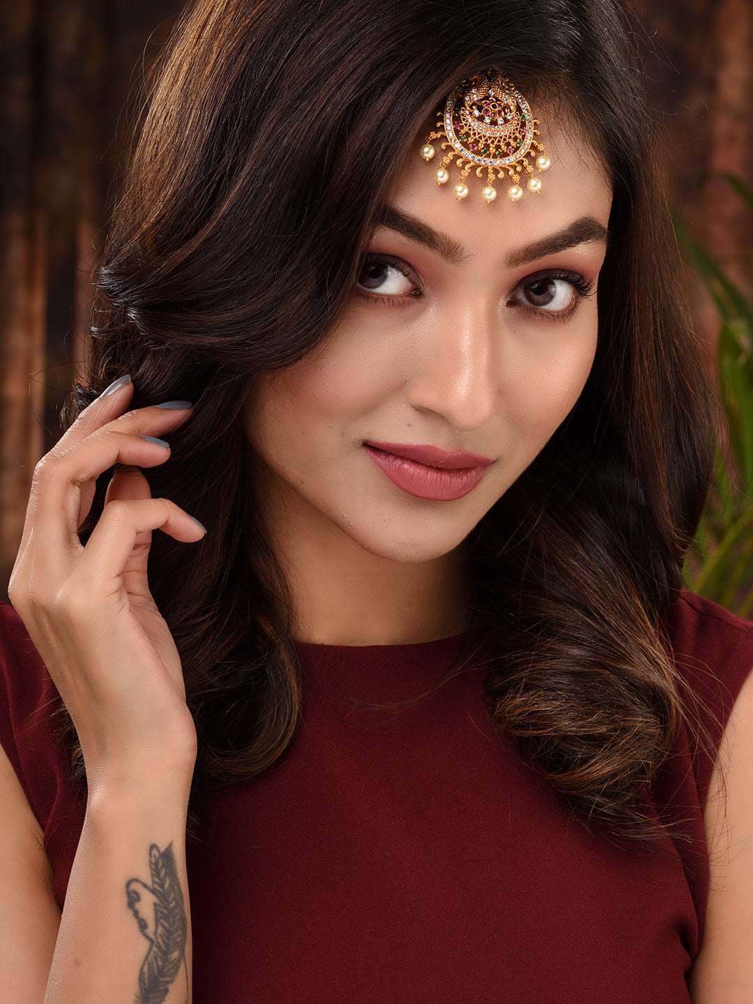 Gold Plated Red & Green AD Studded Maang Tikka, zaveri pearls, sale price rs, sale price, sale gold plated, sale gold, sale, rubans, ring, regular price, priyassi jewellery, kushal's - Saraf 